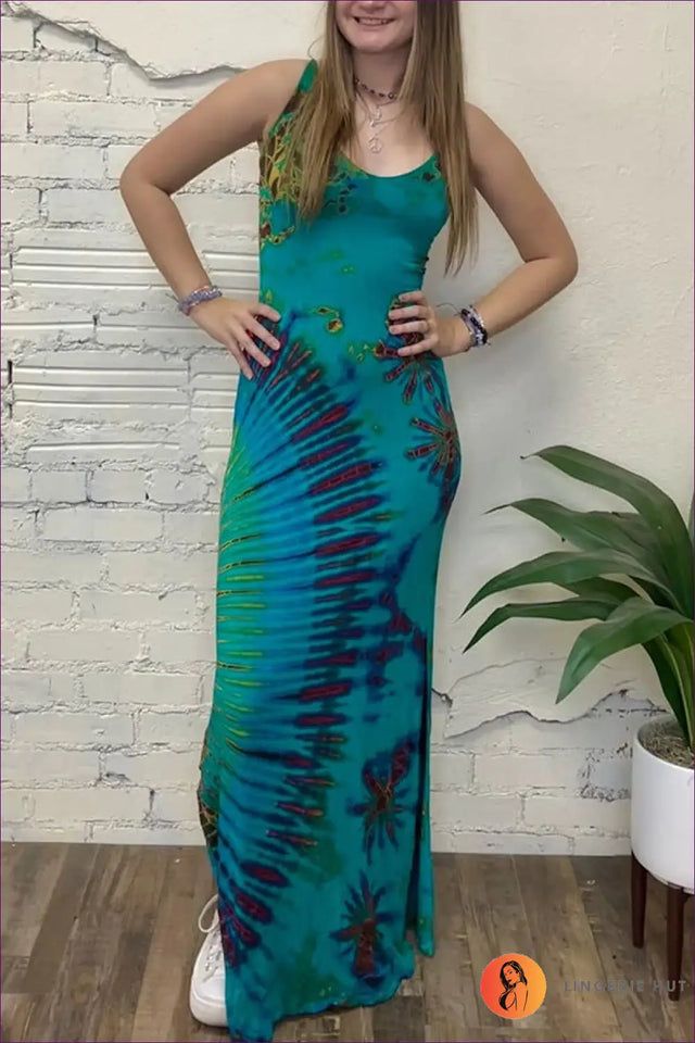 Tie-Dye Maxi Dress with Fanned Print - Effortless Boho Mood