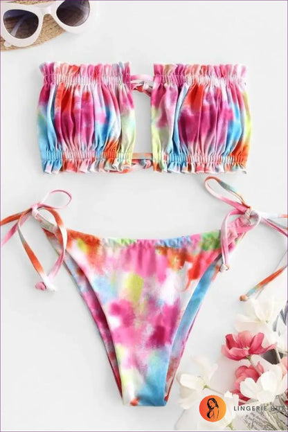 Tie-dye Ruched Bandeau Bikini with Tie-side Bottoms - Sunlit Escape - s / Multi - Beachwear • just in • Sexy • Summer