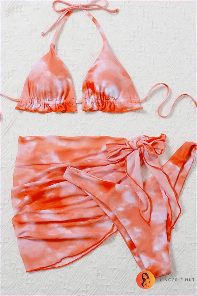 Tie-Dye Skirted Bikini Set with Halter Tie Top - Vacation Ready