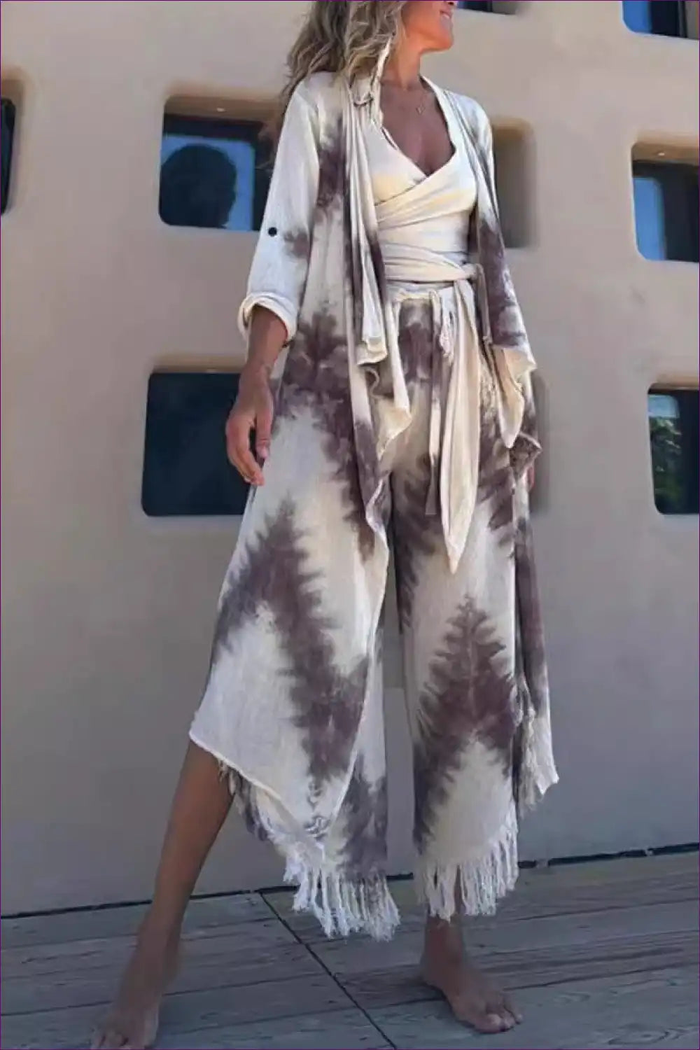 Tie Dye Three-piece Suit with Fringe - Boho Breeze for Boho, Casual, Halter, Jumpsuit, Polyester