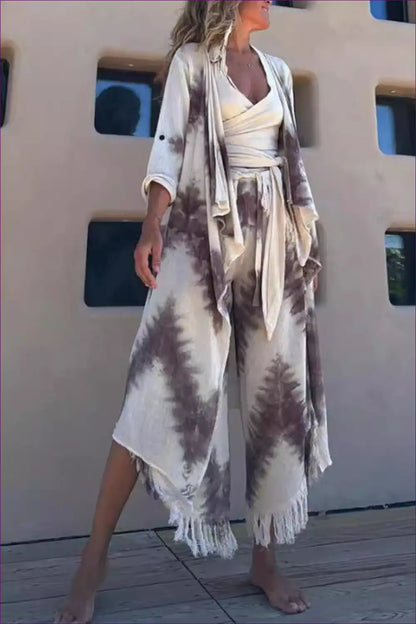 Tie Dye Three-piece Suit with Fringe - Boho Breeze for Boho, Casual, Halter, Jumpsuit, Polyester