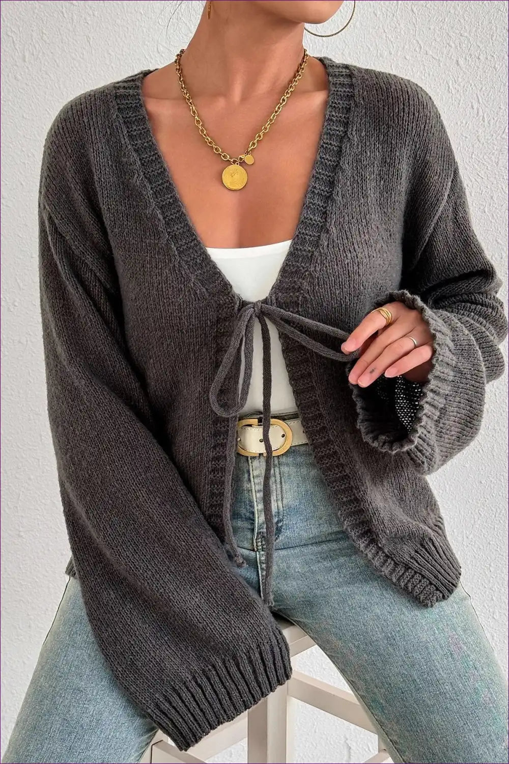 Tie Front Knit Cardigan with Deep v Neck - Cosy Layering Essential for All Season, Autumn, Casual, Everyday,
