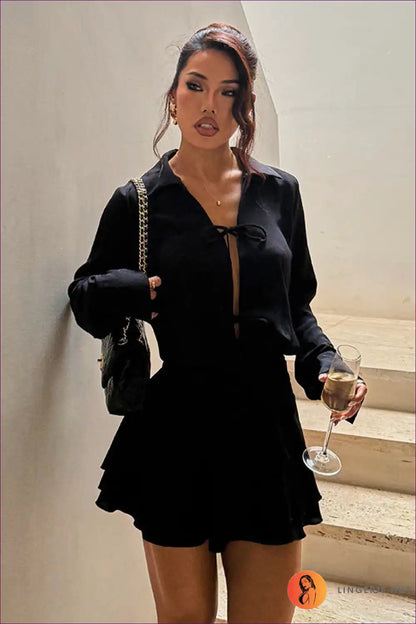 Tie-front Shirt Dress with Ruffle Hem - Playful Chic for a Line, Casual, Cutout, Everyday,