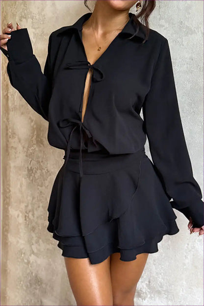 Tie-front Shirt Dress with Ruffle Hem - Playful Chic for a Line, Casual, Cutout, Everyday,
