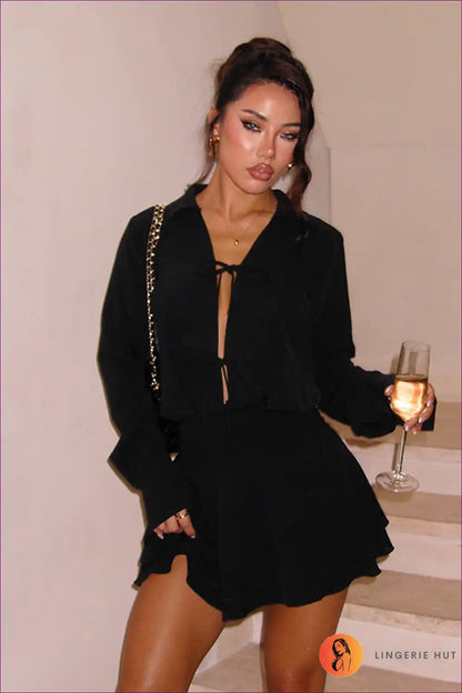 Tie-front Shirt Dress with Ruffle Hem - Playful Chic for a Line, Casual, Cutout, Everyday,