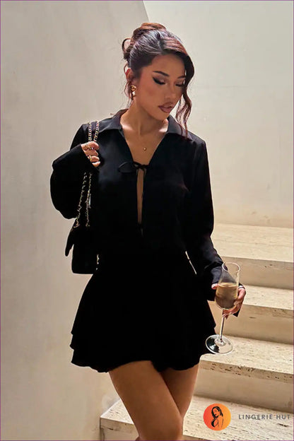 Tie-front Shirt Dress with Ruffle Hem - Playful Chic for a Line, Casual, Cutout, Everyday,