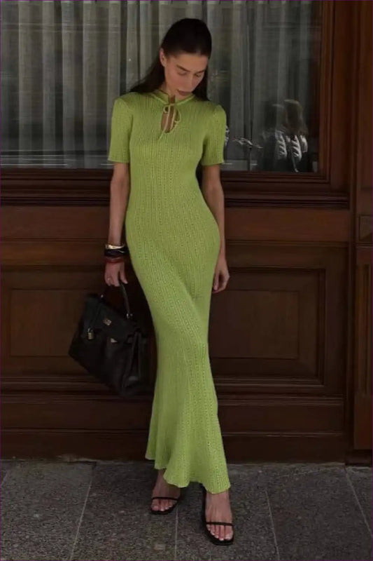 Tie Neck Knit Maxi Dress with Fitted Waist - Summer Statement for A-line, Casual, Dress, Everyday, Formal Wear
