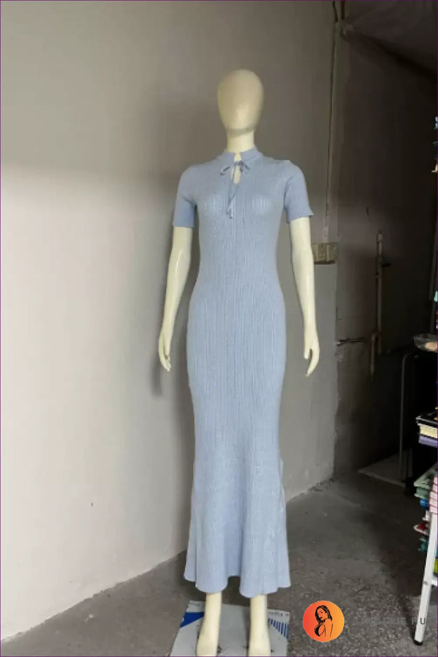 Tie Neck Knit Maxi Dress with Fitted Waist - Summer Statement