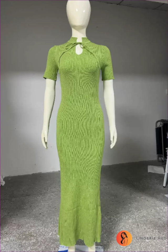 Tie Neck Knit Maxi Dress with Fitted Waist - Summer Statement