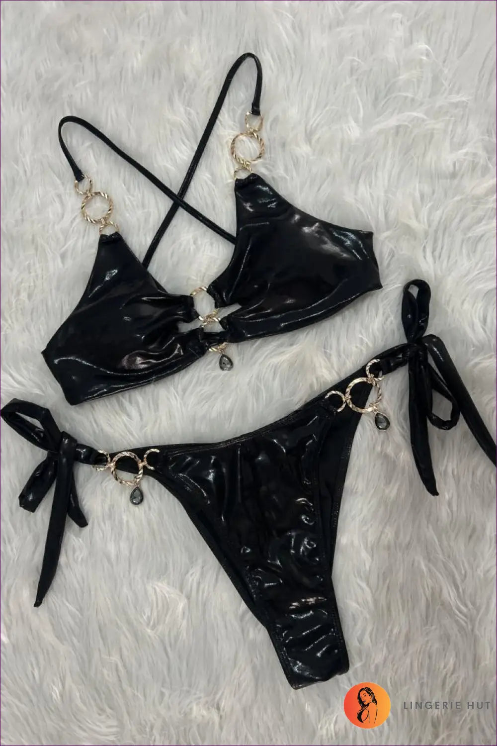Tie-side Bikini Set with Ring Trim - Sun-drenched Glam - s / Black - Beachwear • Boho • just in • Polyester • Sexy