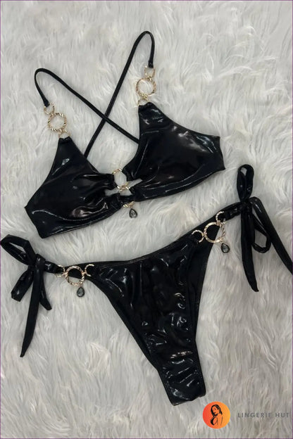 Tie-side Bikini Set with Ring Trim - Sun-drenched Glam - s / Black - Beachwear • Boho • just in • Polyester • Sexy