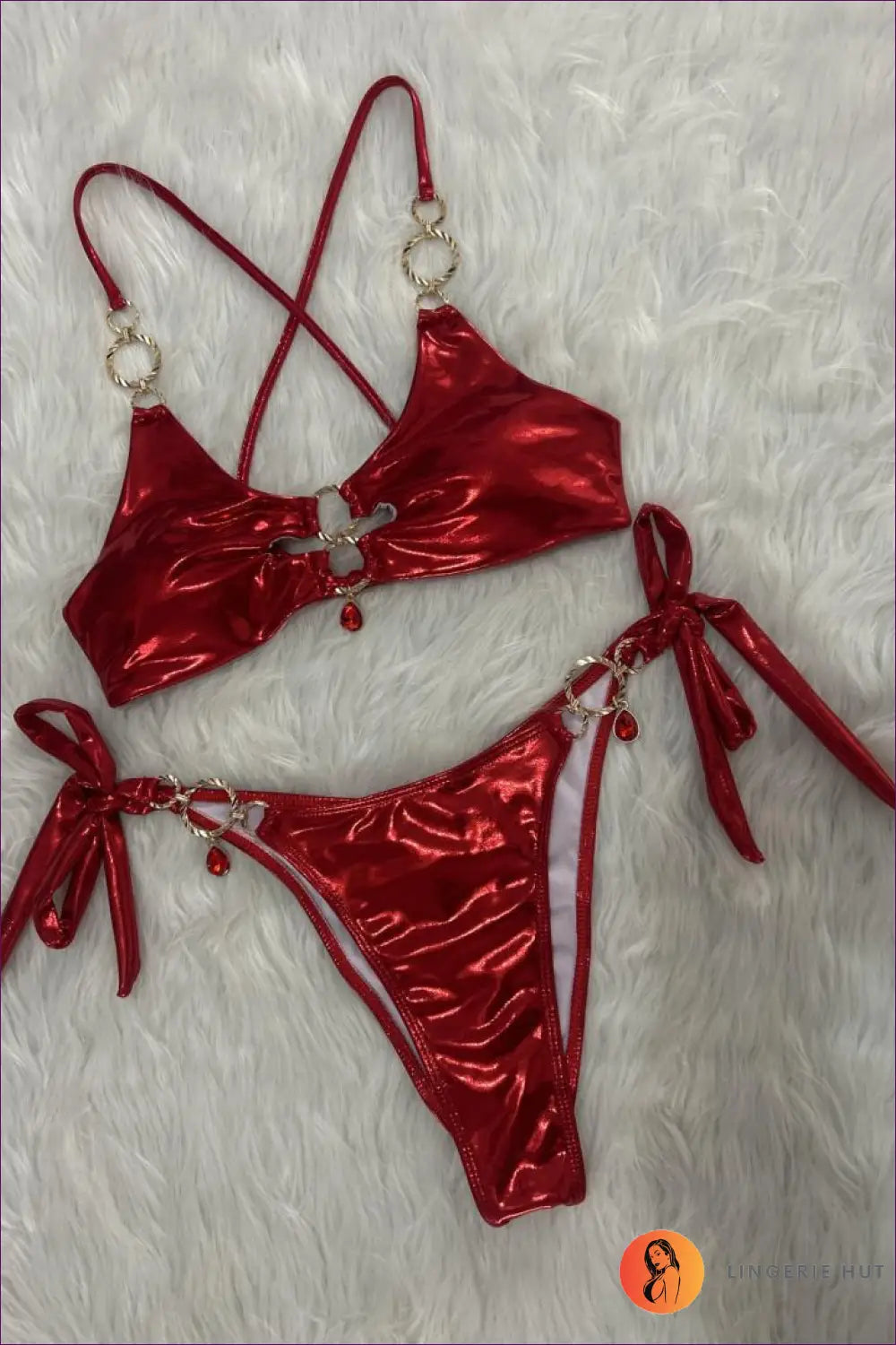 Tie-side Bikini Set with Ring Trim - Sun-drenched Glam - s / Red - Beachwear • Boho • just in • Polyester • Sexy