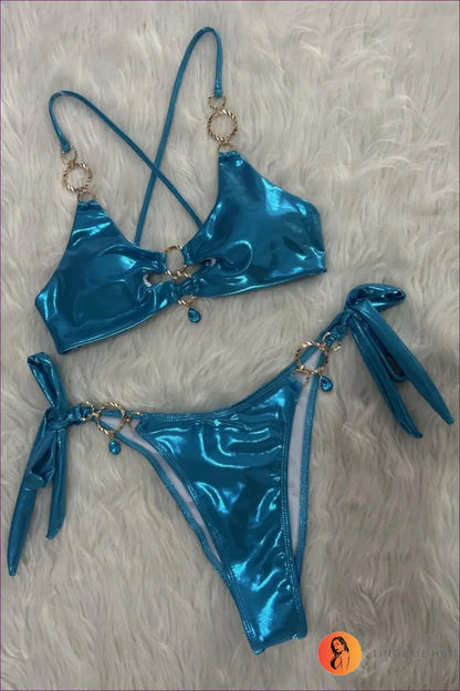 Tie-side Bikini Set with Ring Trim - Sun-drenched Glam - s / Blue - Beachwear • Boho • just in • Polyester • Sexy