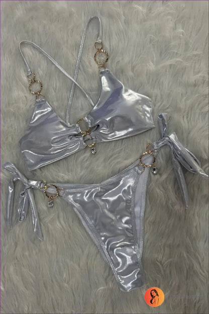Tie-side Bikini Set with Ring Trim - Sun-drenched Glam - s / Silver - Beachwear • Boho • just in • Polyester • Sexy