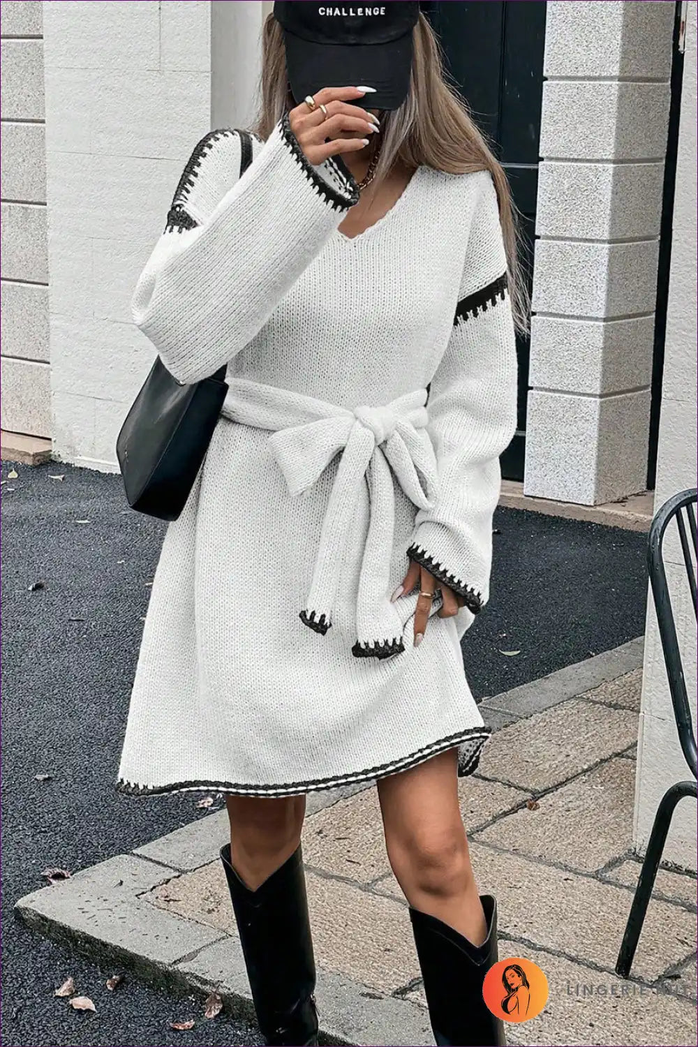 Tie Waist V-neck Sweater Dress - Relaxed City Cool for a Line, Autumn, Casual, Everyday, Jersey