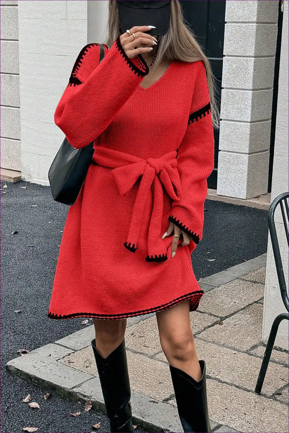 Tie Waist V-neck Sweater Dress - Relaxed City Cool for a Line, Autumn, Casual, Everyday, Jersey