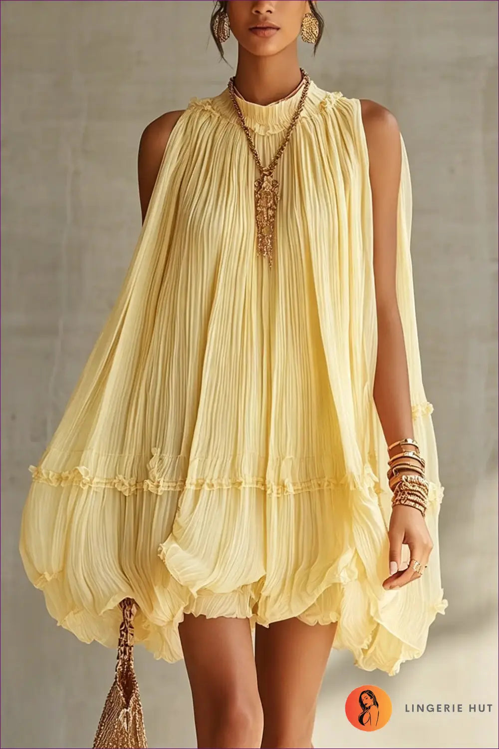 Tiered Dress with Cutout Detail - Sunlit Ease - s / Yellow - Casual • Cotton • Dresses • Everyday - Lingerie Hut