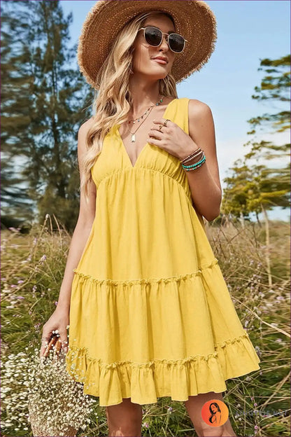 Tiered Dress with Ruffle Hem - Sunshine Ready for A-line, Boho, Casual, Chiffon,