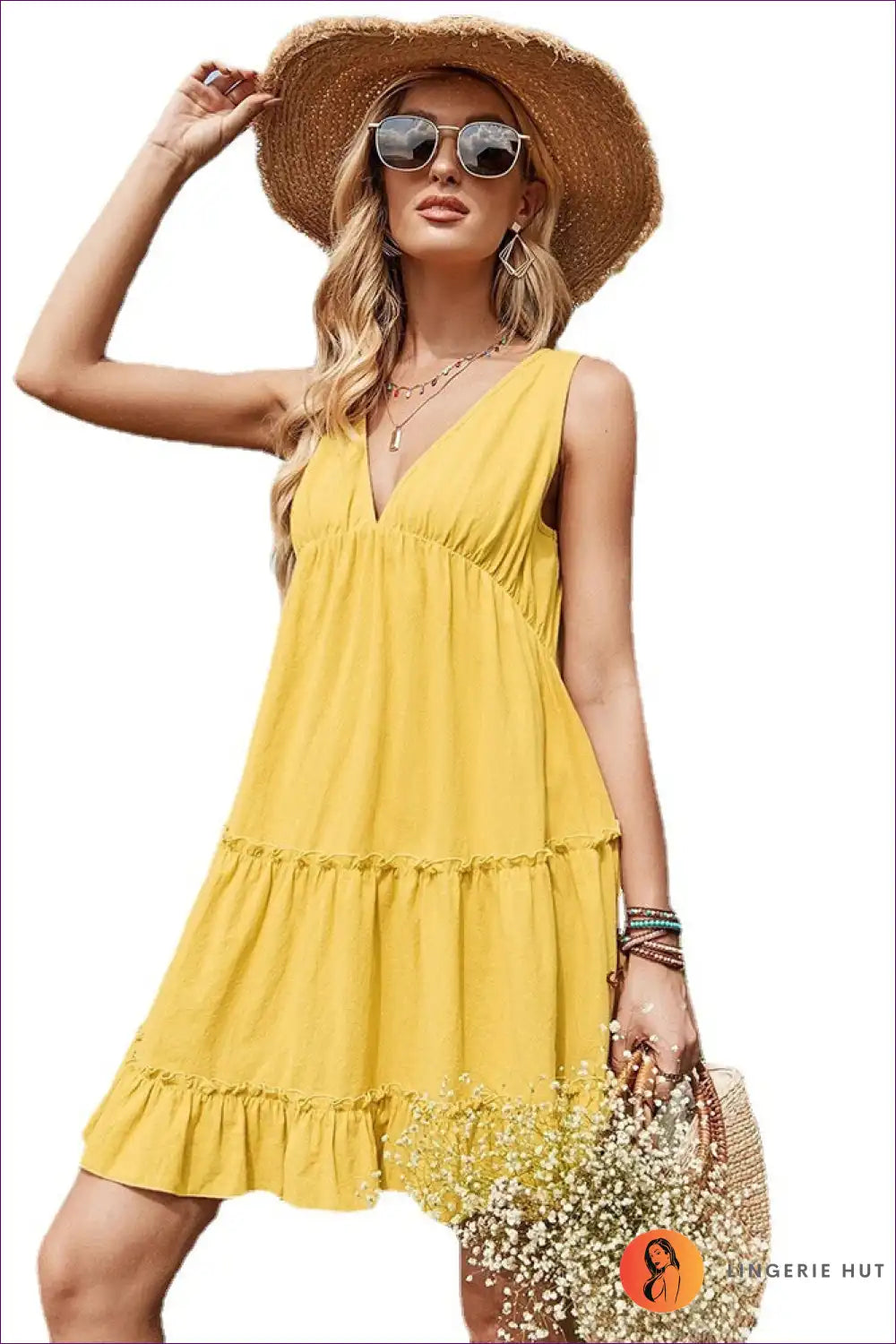 Tiered Dress with Ruffle Hem - Sunshine Ready for A-line, Boho, Casual, Chiffon,
