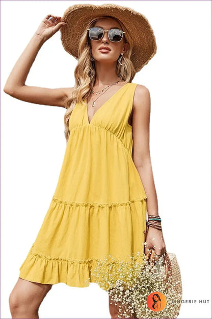 Tiered Dress with Ruffle Hem - Sunshine Ready for A-line, Boho, Casual, Chiffon,