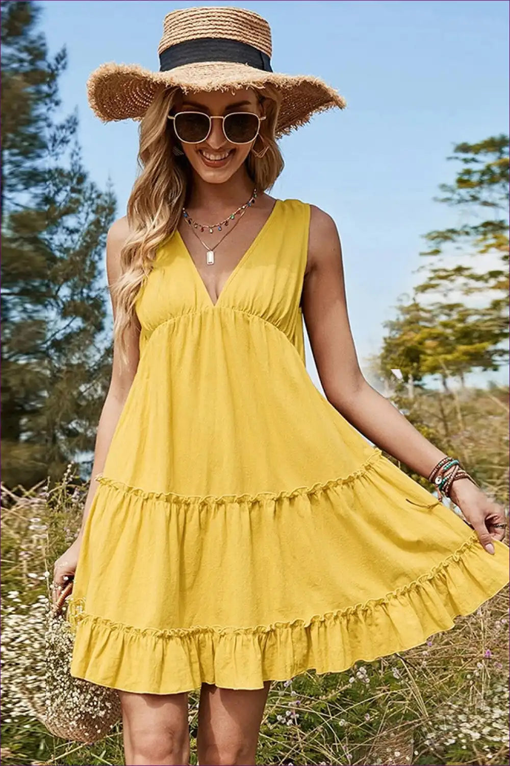 Tiered Dress with Ruffle Hem - Sunshine Ready for A-line, Boho, Casual, Chiffon,