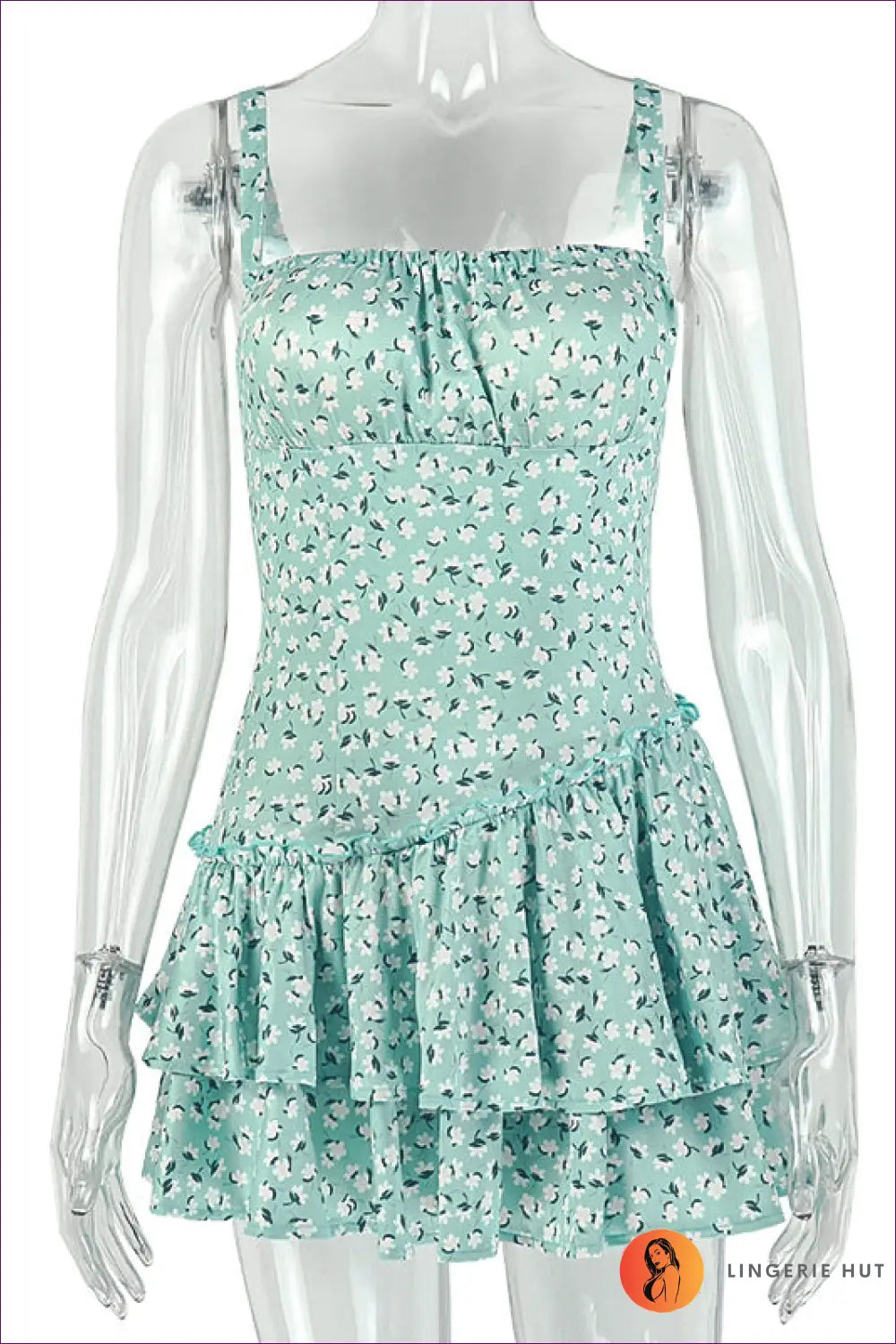 Tiered Dress with Ruffle Trim - Easy Elegance - s / Green and Floral Pattern - Casual • Cotton • Dresses • Everyday