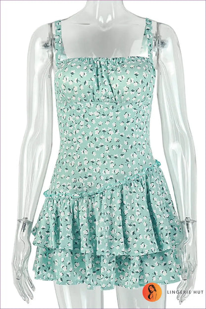 Tiered Dress with Ruffle Trim - Easy Elegance - s / Green and Floral Pattern - Casual • Cotton • Dresses • Everyday