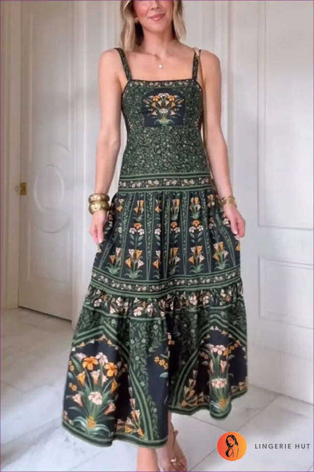 Tiered Floral Midi Dress with Square Neck - Garden Party Ready