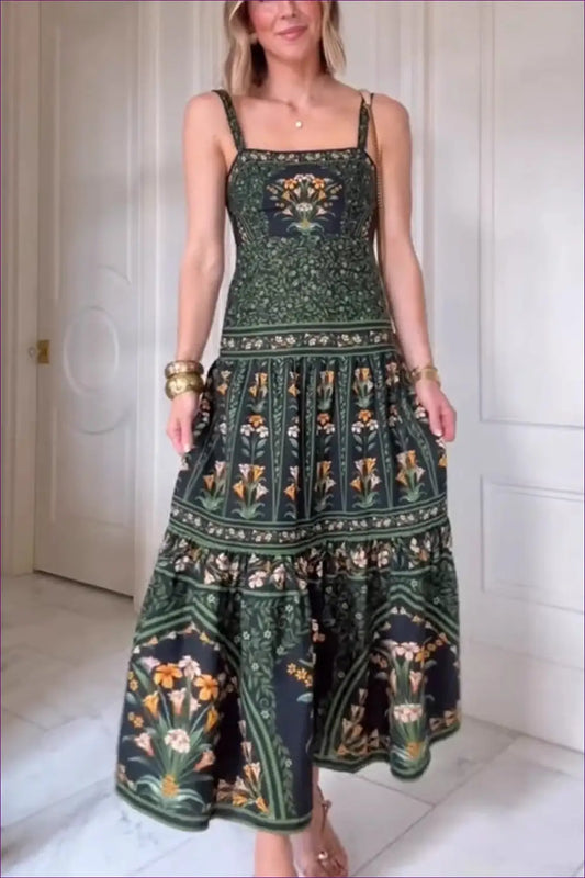 Tiered Floral Midi Dress with Square Neck - Garden Party Ready - Dresses - Lingerie Hut - A-line • Boho • Casual