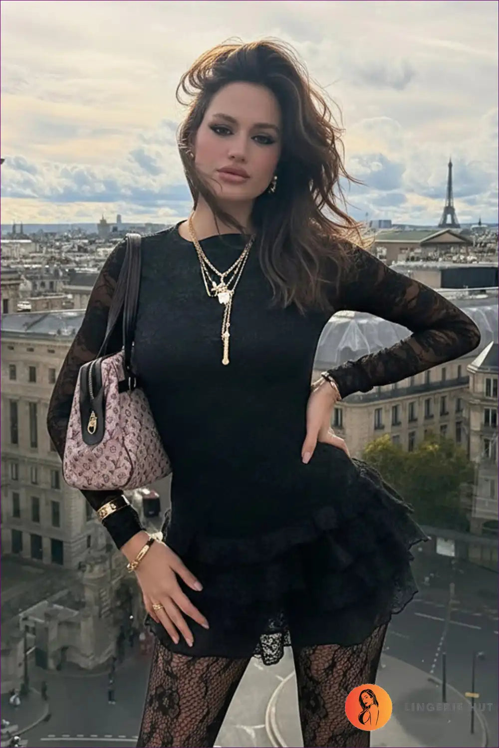 Tiered Lace Mini Dress with Sheer Sleeves - Night-out Allure for Autumn, Clubwear, Date Night, Dress, Dresses