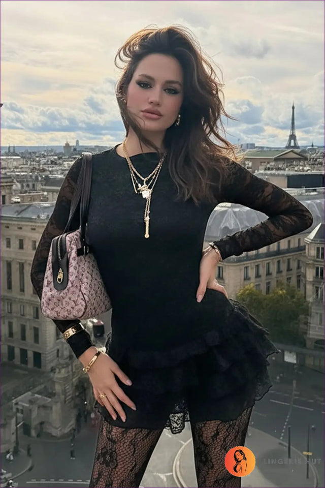 Tiered Lace Mini Dress with Sheer Sleeves - Night-Out Allure