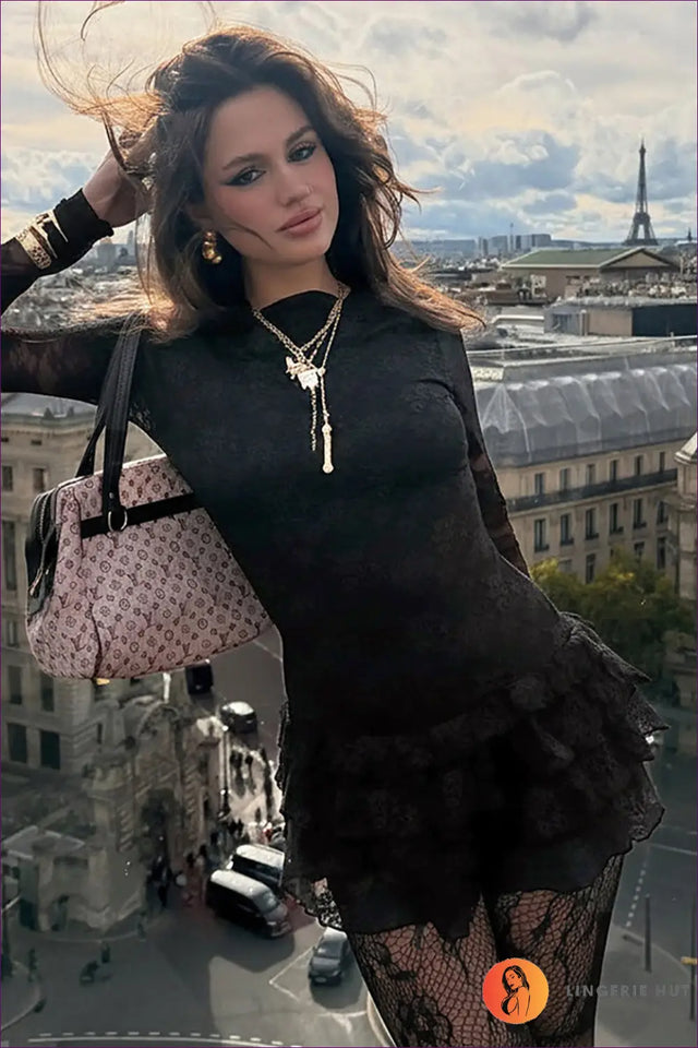 Tiered Lace Mini Dress with Sheer Sleeves - Night-Out Allure