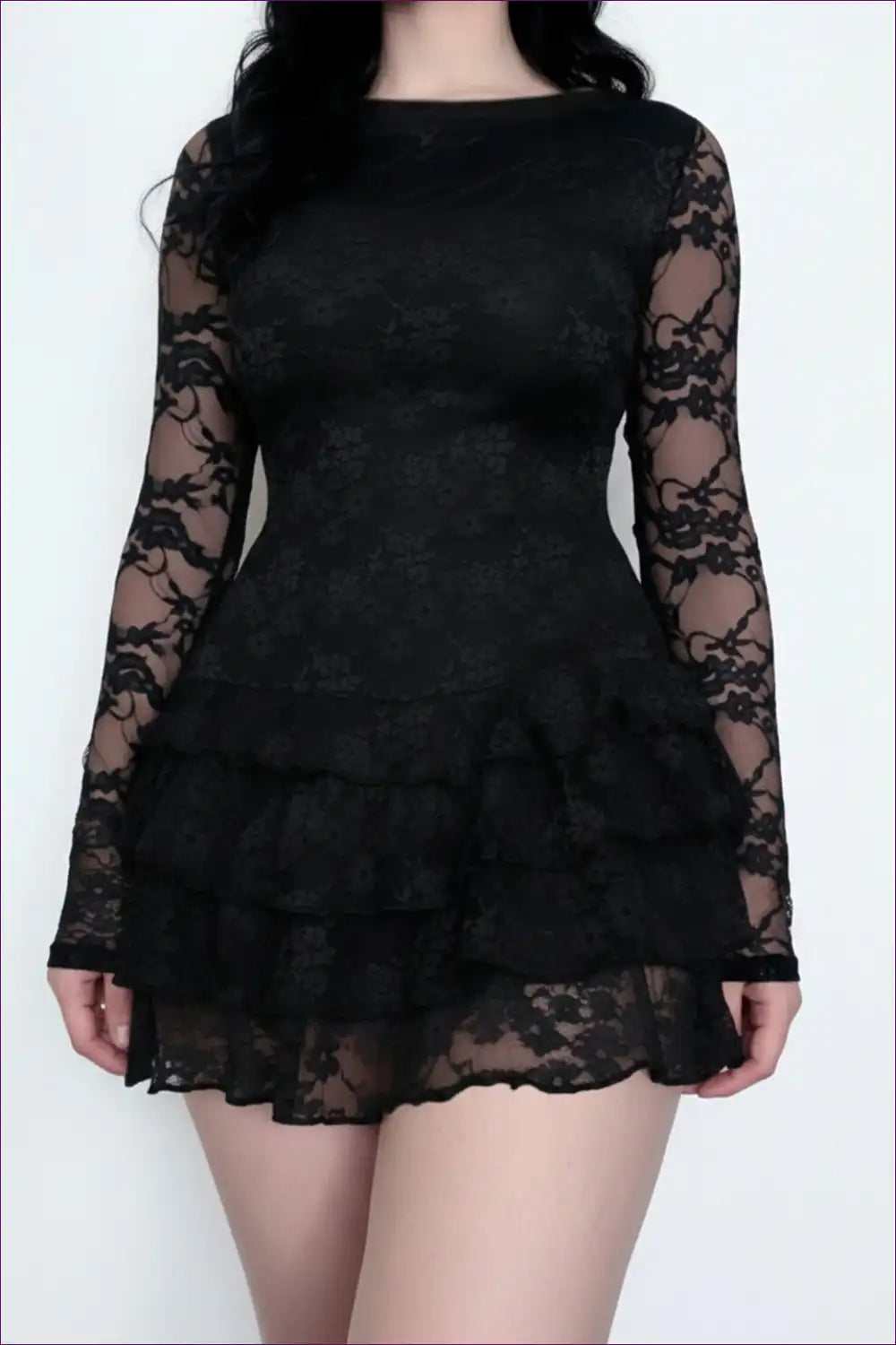 Tiered Lace Mini Dress with Sheer Sleeves - Night-out Allure for Autumn, Clubwear, Date Night, Dress, Dresses