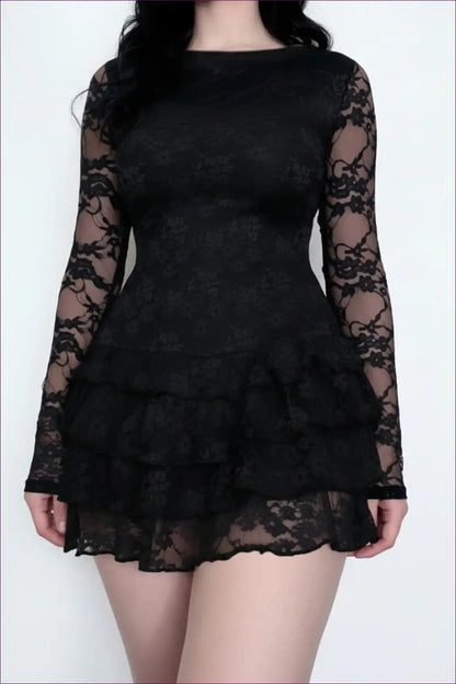 Tiered Lace Mini Dress with Sheer Sleeves - Night-out Allure for Autumn, Clubwear, Date Night, Dress, Dresses