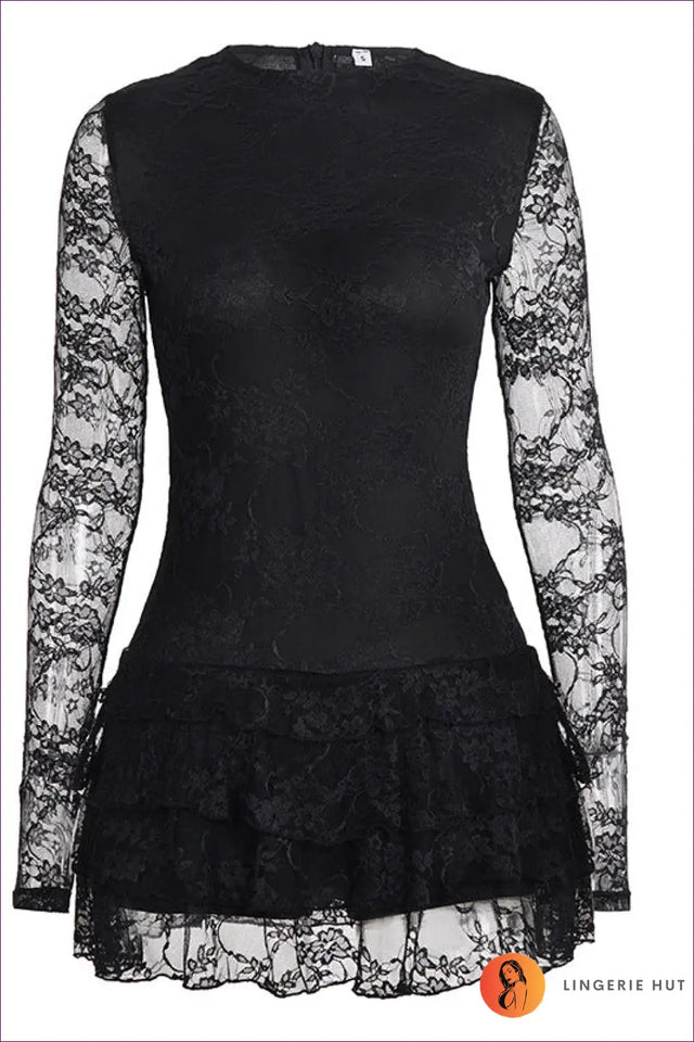 Tiered Lace Mini Dress with Sheer Sleeves - Night-Out Allure