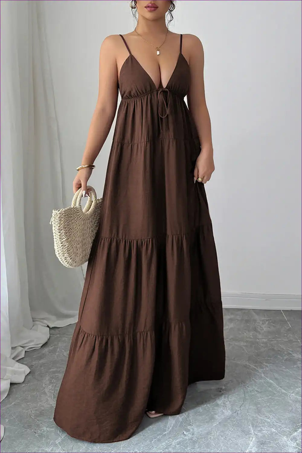 Tiered Maxi Dress with Tie-front Detail for Boho, Everyday, Formal Wear, just In,