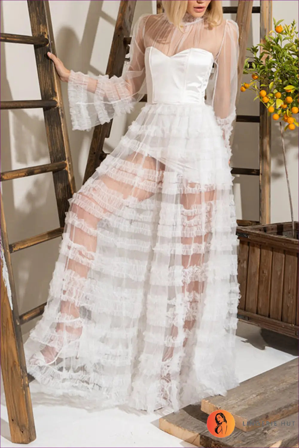 Mesh Maxi Dress with Halter Backless Cut - Quiet Confidence - s / White - Bodysuit - Lingerie Hut - All Season