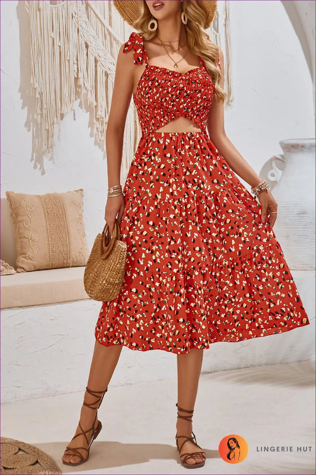 Tiered Midi Dress with Cutout Waist - Sunlit Holiday Escape