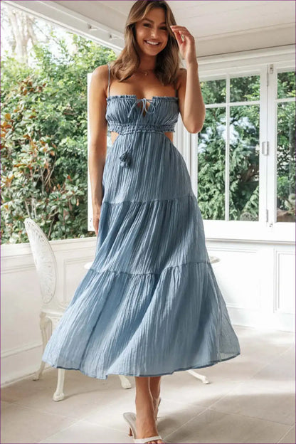 Tiered Midi Dress with V-neck and Cut-out - Everyday Romance for Boho, Casual, Chiffon, Cutout, Dresses