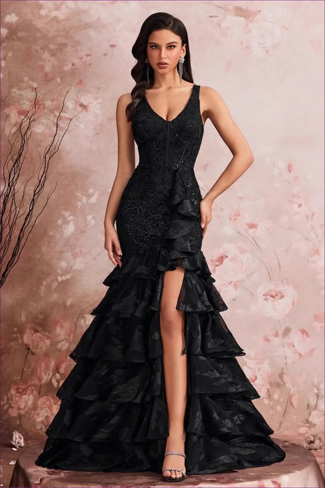 Tiered Ruffle Maxi Dress - Lace Corset Slit