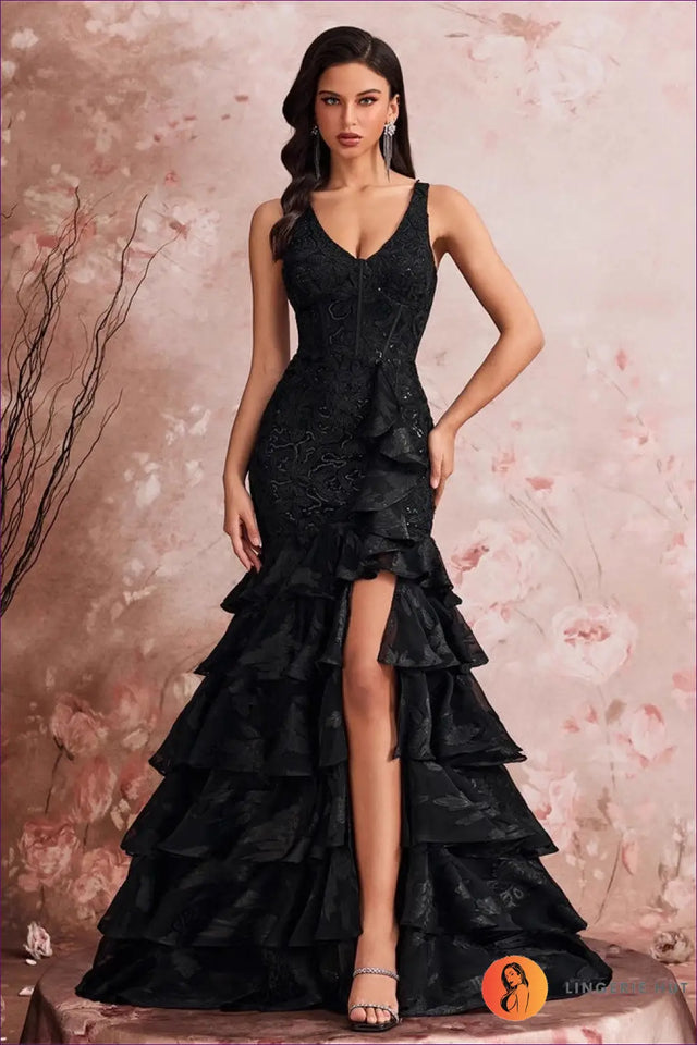 Tiered Ruffle Maxi Dress - Lace Corset Slit