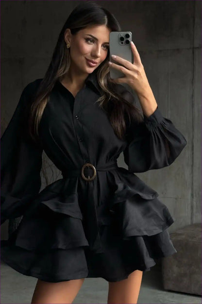 Tiered Shirt Dress with Belt and Balloon Sleeves for Autumn, Casual, Dresses, Everyday,
