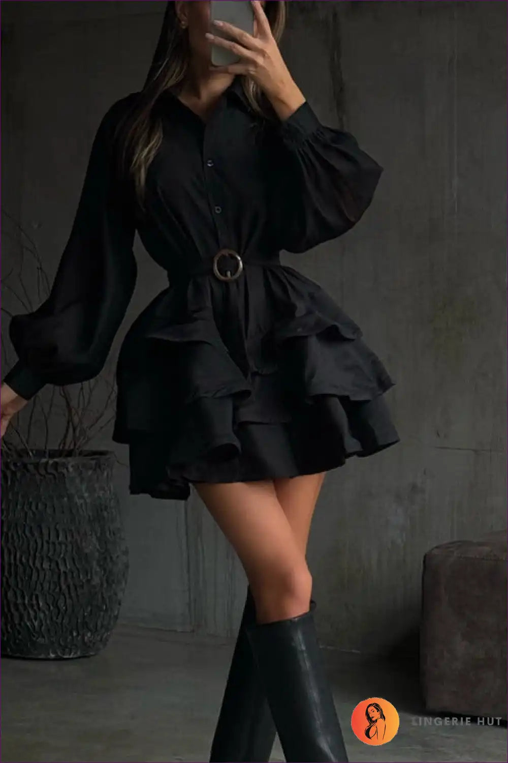 Tiered Shirt Dress with Belt and Balloon Sleeves for Autumn, Casual, Dresses, Everyday,