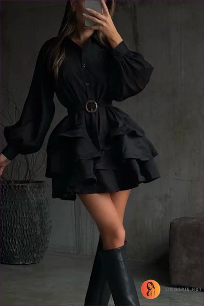 Tiered Shirt Dress with Belt and Balloon Sleeves for Autumn, Casual, Dresses, Everyday,