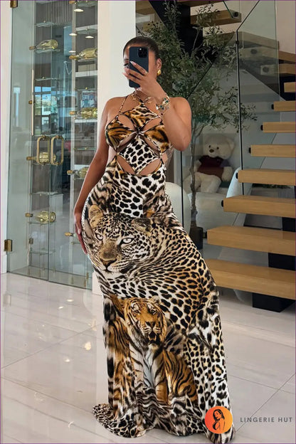 Tiger Print Maxi Dress with Cutout - Worth a Second Look - Dresses - Lingerie Hut - Animal • Backless • Clubwear • Date