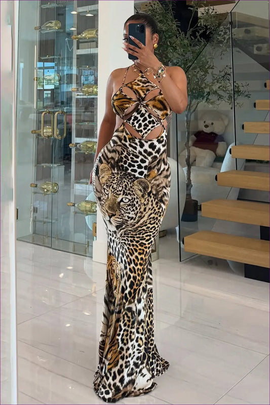 Tiger Print Maxi Dress with Cutout - Worth a Second Look - Dresses - Lingerie Hut - Animal • Backless • Clubwear • Date