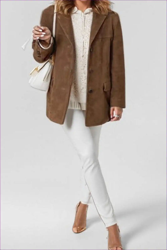 Timeless Elegance Oversized Suede Blazer - Caramel Crush for Autumn, Casual, Everyday, Glamour, Jackets