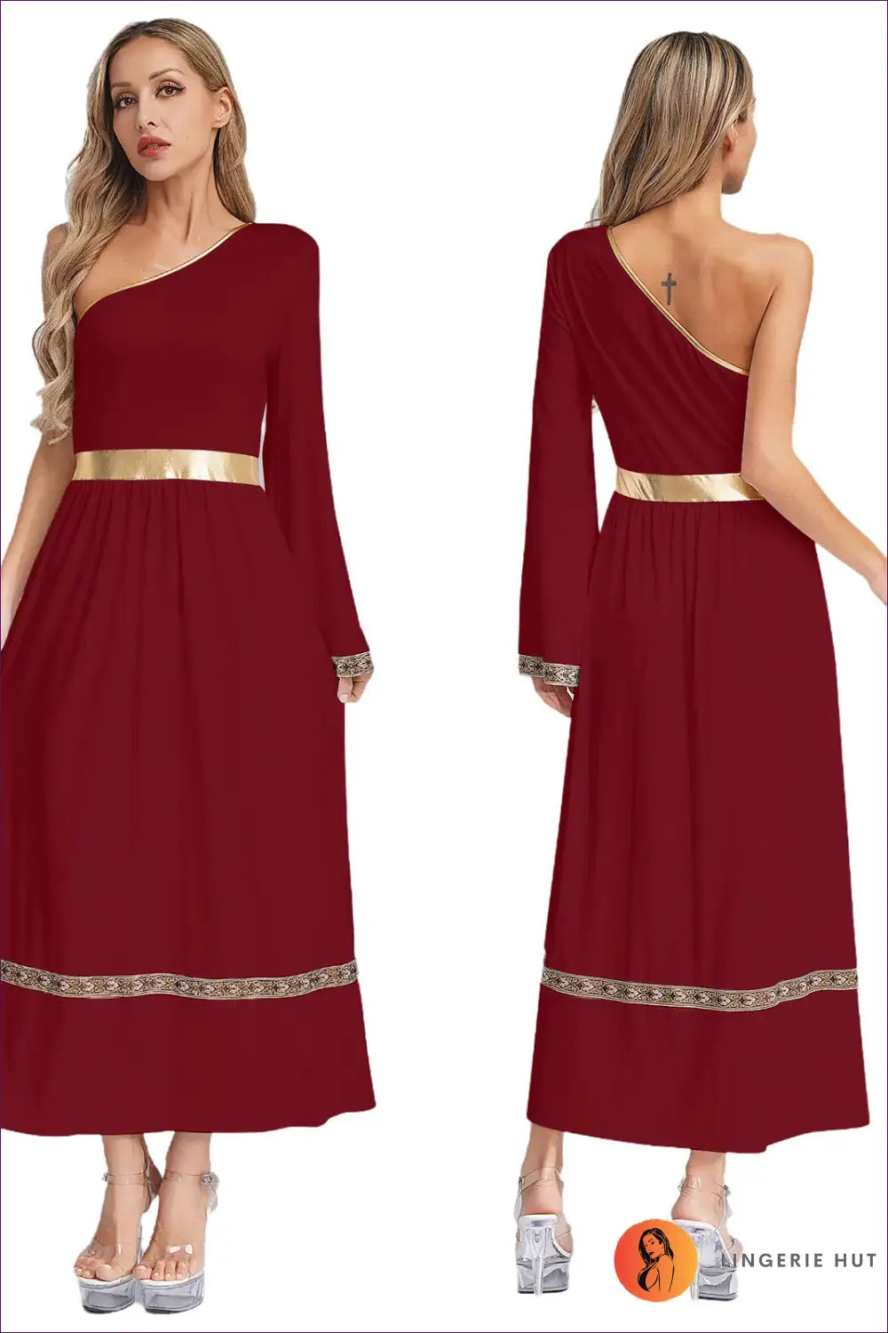 Toga Costume with One-shoulder Belt Detail - Olympian Statement - Burgundy / s - just in • Party • Role Play • Theme