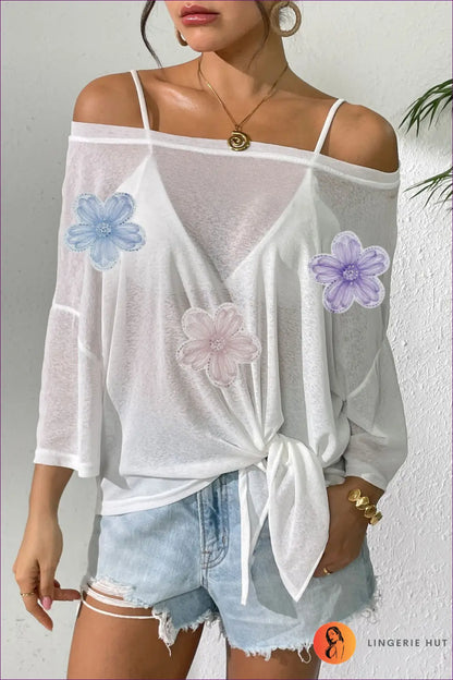 Top with Floral Appliques - Bohemian Weekend Vibes - one Size / White 3 Lace Flower - Lingerie Hut - Blouse • Boho