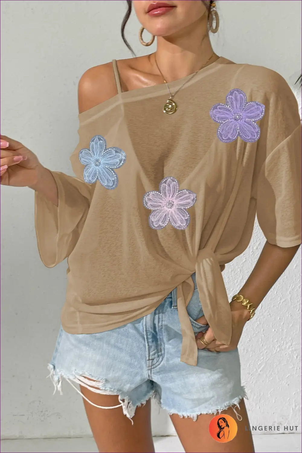 Top with Floral Appliques - Bohemian Weekend Vibes - one Size / Khaki 3 Lace Flower - Lingerie Hut - Blouse • Boho
